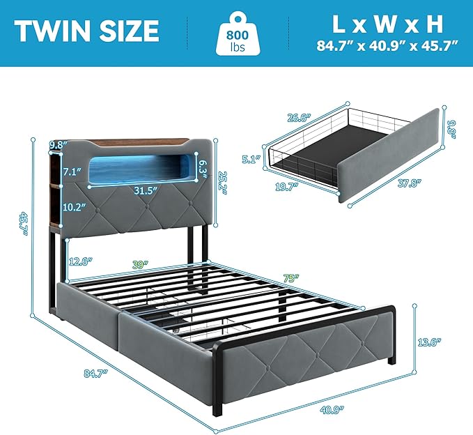 Twin Upholstered LED Bed Frame with 2 Storage Drawers and 2-Tier Storage Bookcase Headboard, Velvet Platform Bed for Kids/Girls/Boys, Heavy Duty Metal Support, No Box Spring Needed, Grey