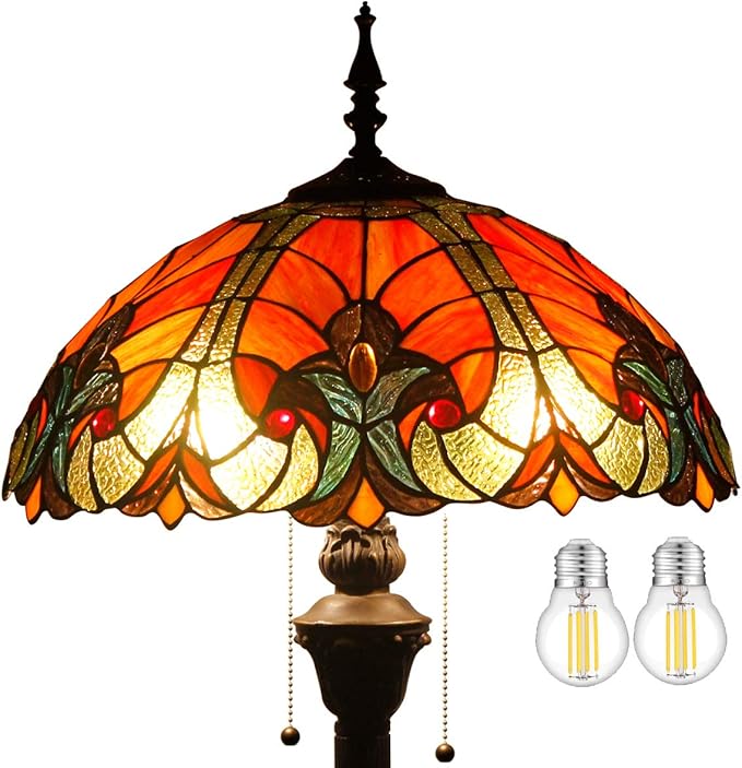 WERFACTORY Tiffany Floor Lamp Red Brown Liaison Stained Glass Standing Reading Light 16X16X64 Inches Antique Pole Corner Lamp Decor Bedroom Living Room Home Office S160R Series