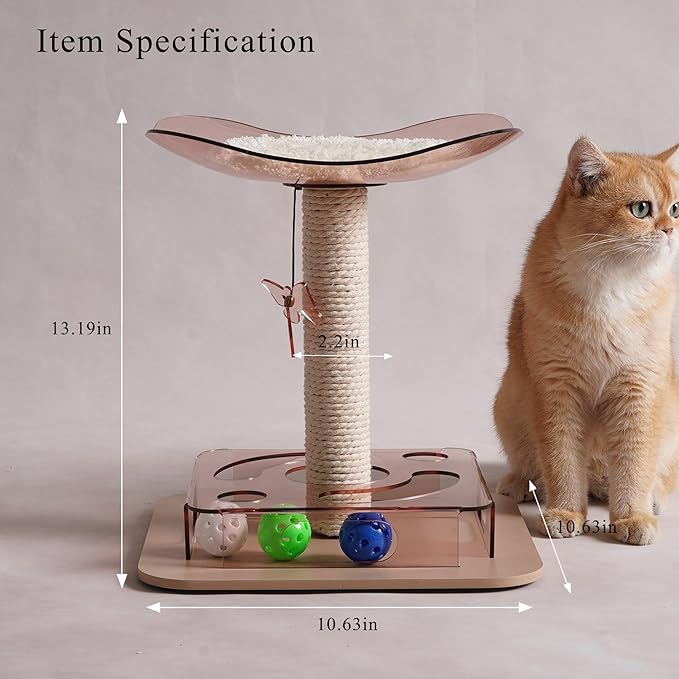 Modern 3-in-1 Interactive Cat Toy with Puzzle Box, Cat Bed/Perch & Scratching Posts, Colorful Jingle Balls, Dangling Accent, Puzzle Toys for Indoor Cats, Acrylic, Pink