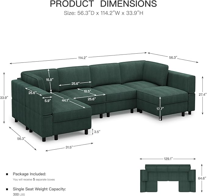 114.2" U Shaped Sectional Sofa,6 Seat Corduroy Couch,Comfy Modular Sectional Sofa with Storage Movable Ottoman Chaise,Upholstered Sectional Couches for Living Room,Green