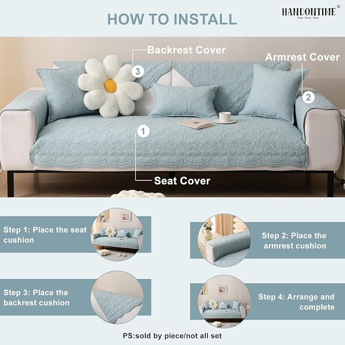 HANDONTIME Pet Protector Furniture Covers - Cotton Couch Cushion Covers, Embroidery Jacquard Dog Couch Cover Sofa Cover for Dogs, Soft Pet Friendly Sofa Protector Washable (Misty Blue, 35.4" x 63")