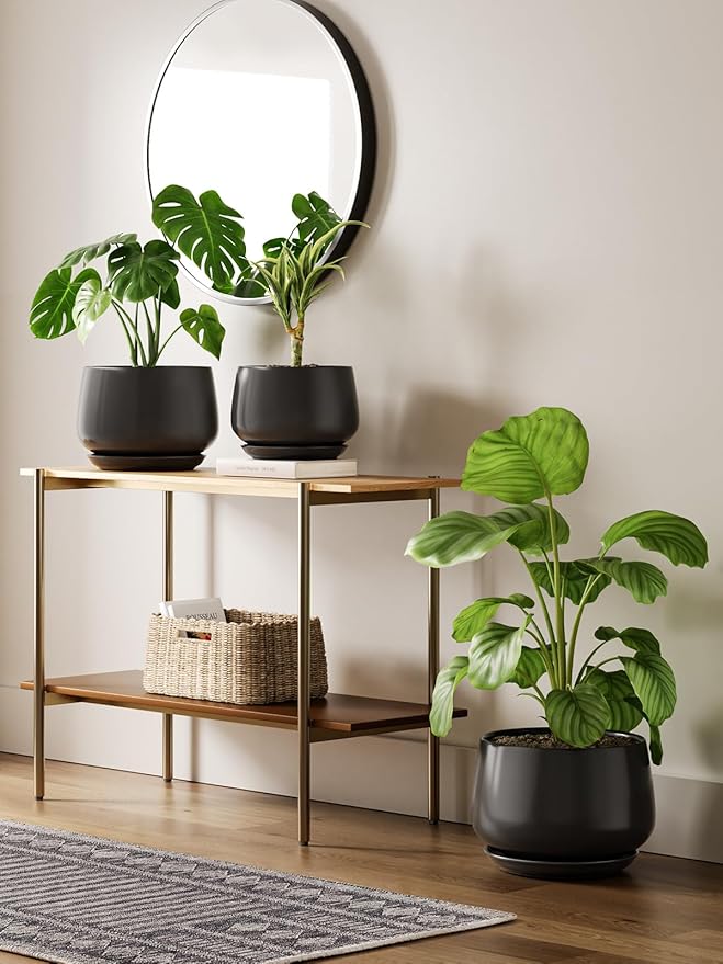 LE TAUCI Ceramic Planters, 12 Inch Pots for Plants, Indoor Plant Pots with Drainage Holes and Saucers, Modern Planters Fit Mid Century Plant Stand, Flower Pots for Indoor Plants, Black