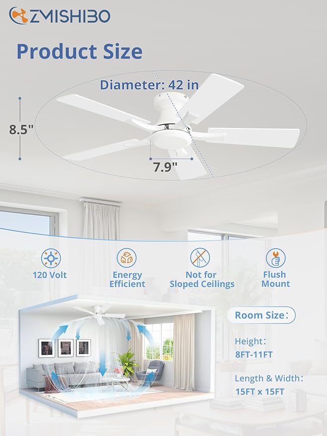 ZMISHIBO 42 Inch Ceiling Fan No Light, Flush Mount Low Profile, Modern White