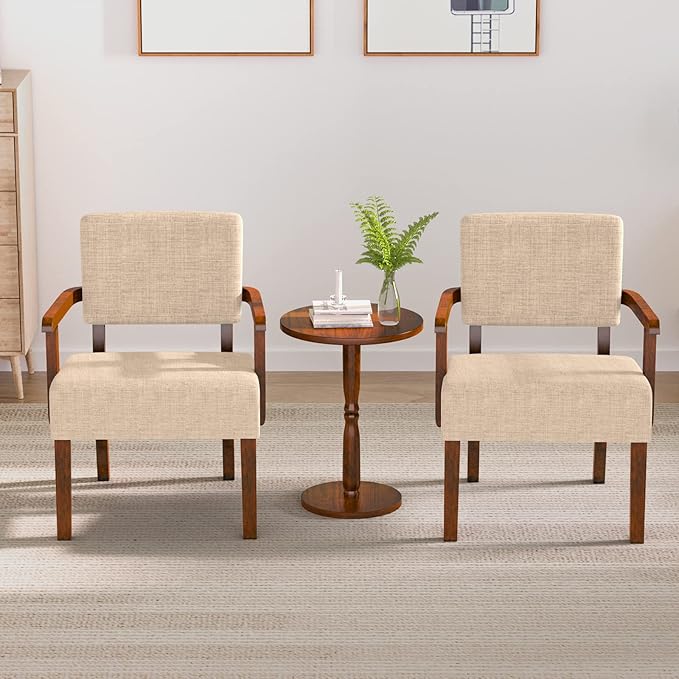 Accent Chair Set of 2 with Table, Living Room Chairs with Soft Seat and Armrests for Living Room Bedroom Reading Room Waiting Room (Beige) (AC01)