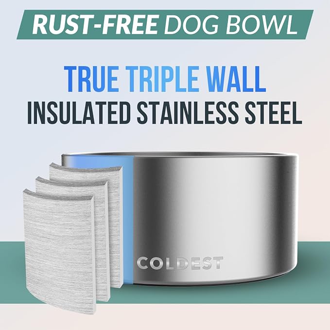 Coldest Dog Bowl - Anti Rust Metal, Non Slip, 3 Layers Insulated Stainless Steel Dog Bowls - Spill Proof & Heavy Duty - Water Bowl for Dogs, Cats, Dish Washer Safe (200 oz, Polished Stainless Steel)