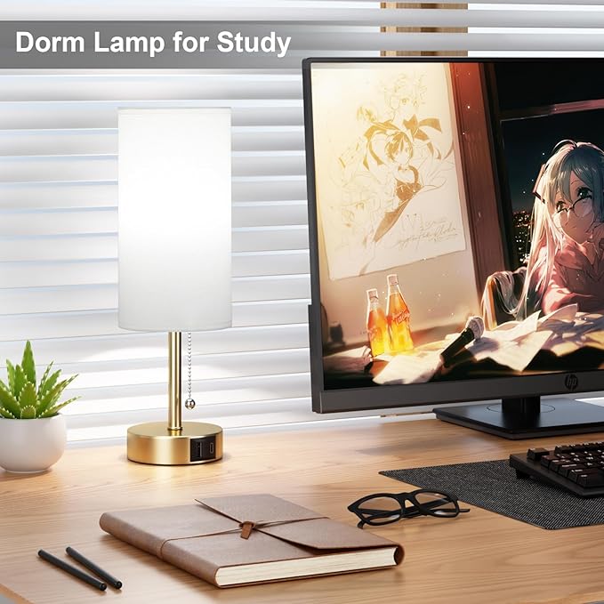 Gold Bedside Lamp for Bedroom Nightstand - Small Table Lamp with USB A + C Charging Port, 3 Color Temperatures Pull Chain Night Stand Light, Side Table Desk Reading Lamp for Living Room/Dorm Room