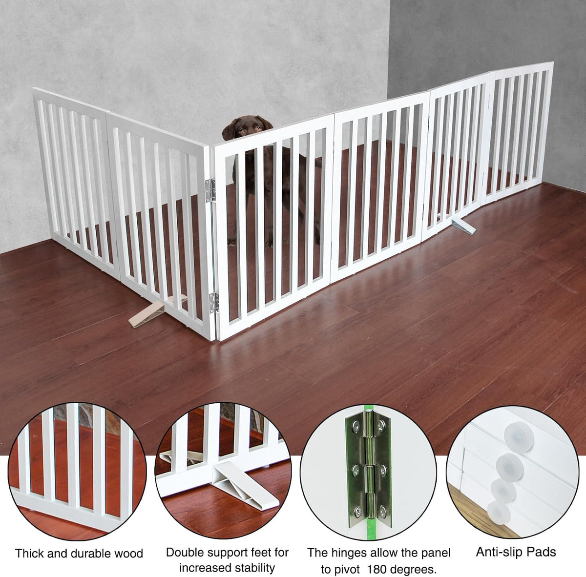 ZJSF Freestanding Indoor Dog Gate for House Foldable Wood White Puppy Gate for Doorways Pet Gate for Stairs Extra Wide Pet Fence 24" Height 6 Panels