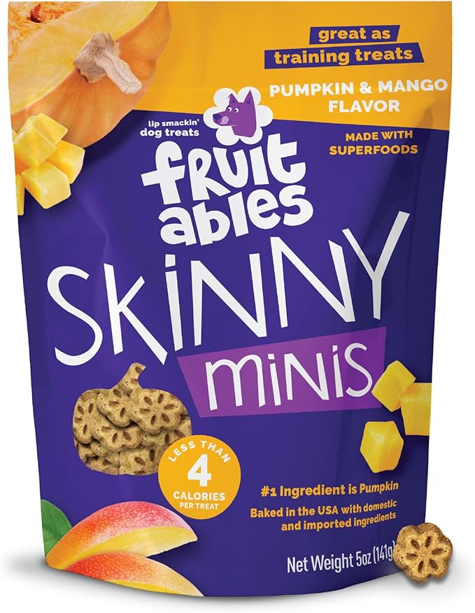 Fruitables Skinny Minis Dog Treats, Healthy Pumpkin Treat for Dogs, Low Calorie & Delicious, Puppy Training, No Wheat, Corn or Soy, Made in the USA, Pumpkin and Mango Flavor, 5oz