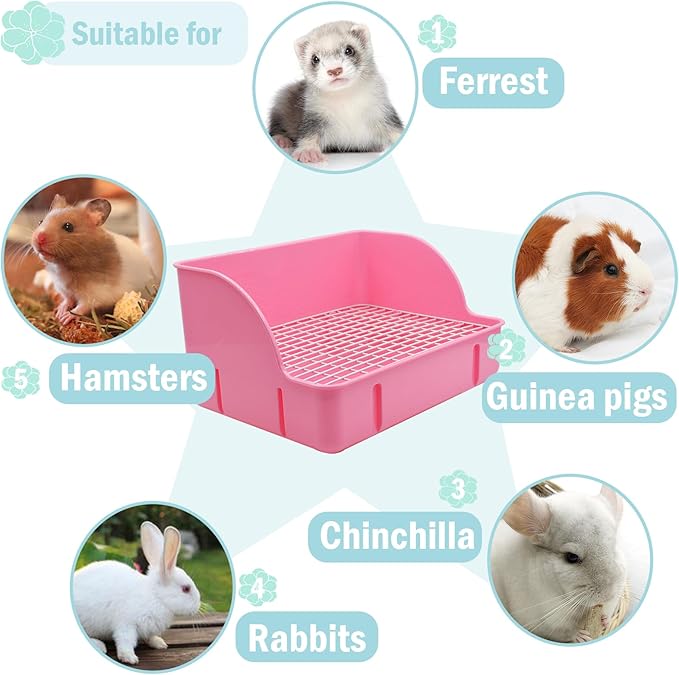 12Pcs Rabbit Litter Box for Cage, Bunny Potty Trainer Corner Guinea Pig Plastic Square Grate Toilet Pet Bedding Litter Box for Small Animal Ferret Hamster Hedgehog (Pink)