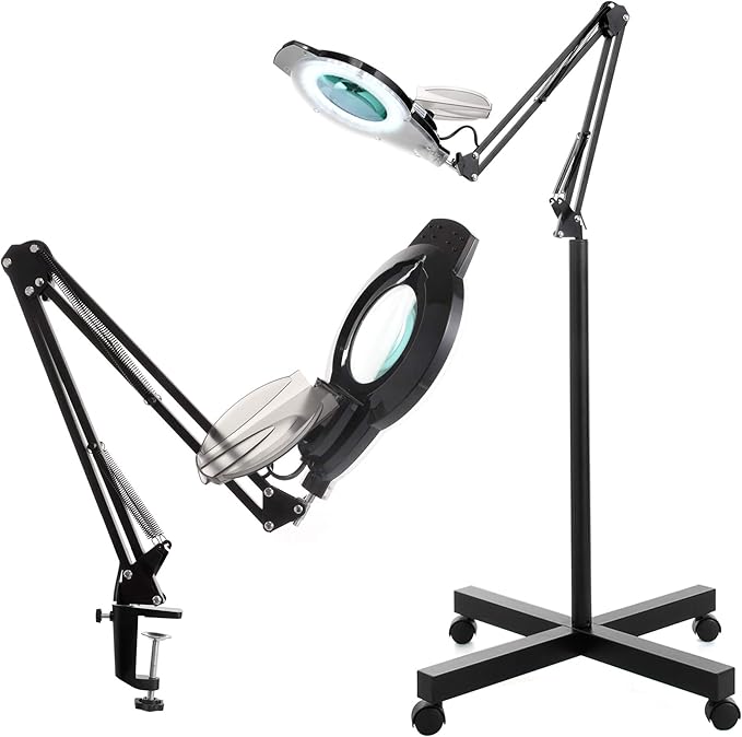 KIRKAS 10X Magnifying Floor Lamp with 4 Wheel Rolling Base for Estheticians 2,200 Lumens LED Magnifier Lighted Glass Len, Adjustable Stand & Swivel Arm Floor Mag Lamp for Reading, Beauty, Lash,Tattoo