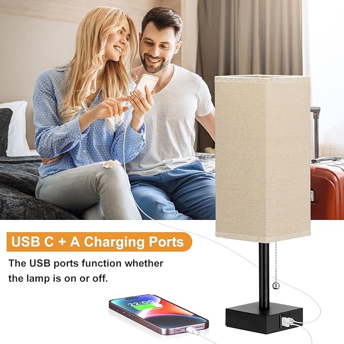 Beige Bedside Table Lamps Set of 2 - Square Bedroom Lamps with 3 Color Temperatures (3000K/5000K/4000K), Nightstand Lamps with USB C + A Charging Ports, Pull Chain Small Night Light for End Table