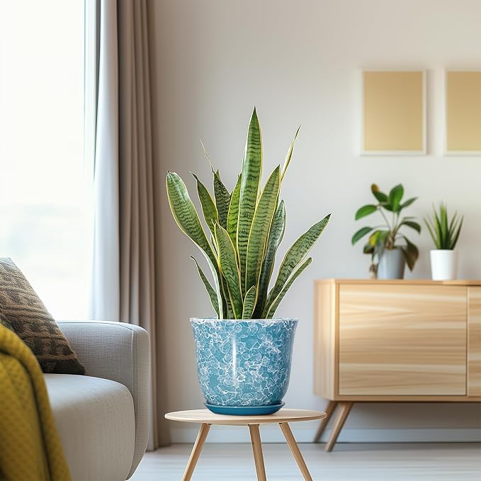 8 Inch Plant Pot - Ceramic Planter with Drainage Hole and Saucer, Round Planter for Indoor Outdoor, Modern Planter, Decorative Flower Pot, Apartment Garden Home Decor, Gardening Gifts, Blue