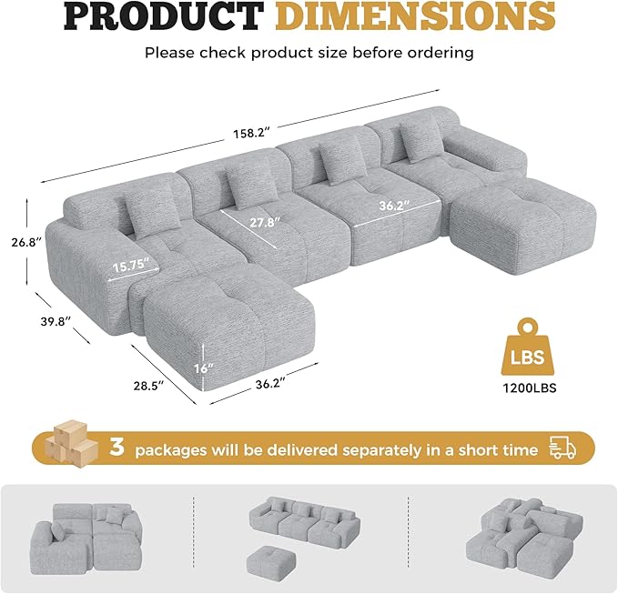 158" Modern U Shaped Modular Sectional Sofa, Boneless Couches for Living Room,6 Seater Convertible Chenille Cloud Couch Sofa Set, No Assembly Required, Light Grey 1 PCS
