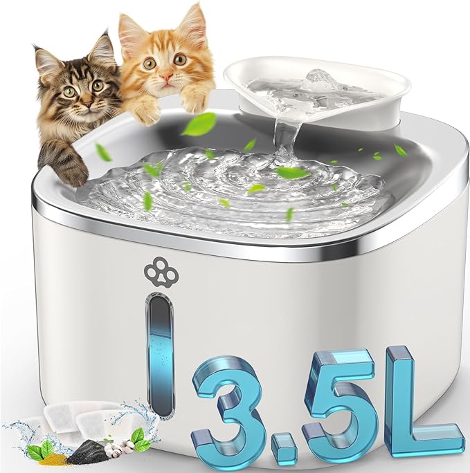 oneisall 3.5L Water Fountains for Cats Indoor, Stainless Steel Pet Drinking Fountains Automatic Running Cat Waterer Fountains Quiet, White