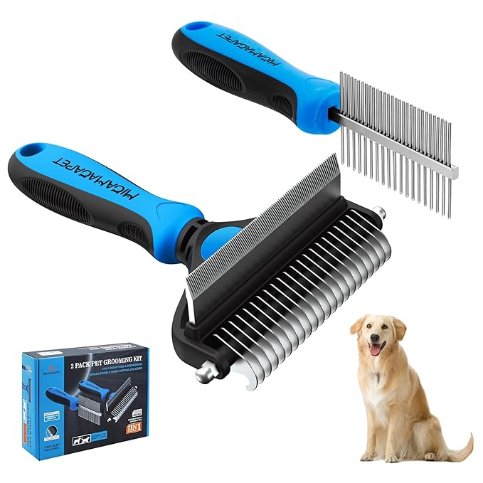 Pet Grooming Set with Shedding Brush and Dematting Comb，Brush for Long-haired Dogs，Dog Shedding Brush，Stainless steel teeth remove tangled hair，Pet Grooming Tools-Large