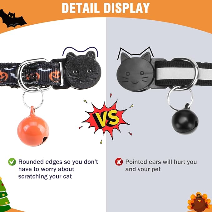 PUPTECK Thanksgiving Cat Collar with Bell 6 Packs Breakaway for Fall Halloween - Autumn Soft Adjustable Kitten Kitty Collars for Small Pet Puppy Bunny Christmas with Safety Release Buckle