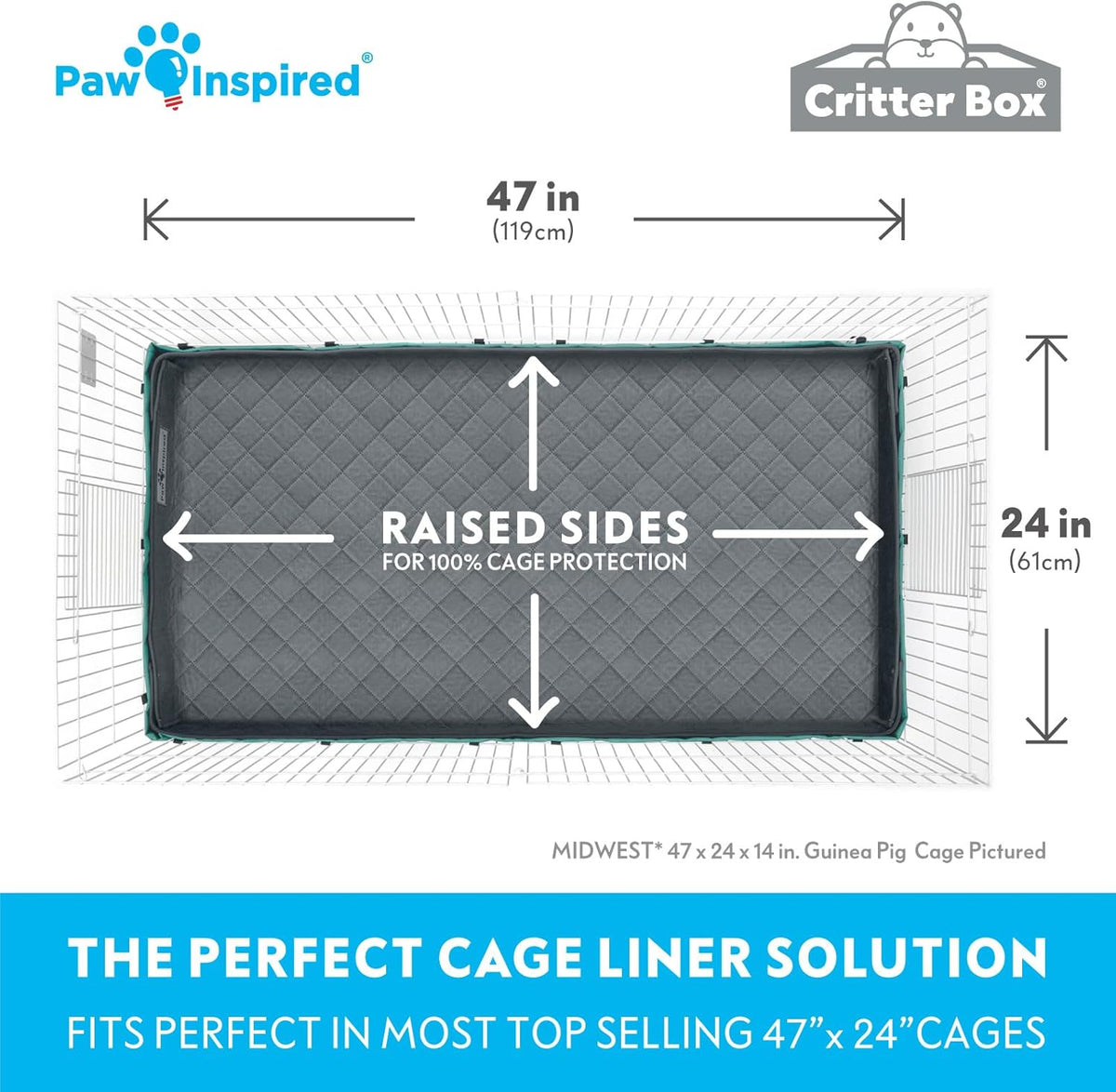 Paw Inspired Critter Box Washable Cage Liner, Reversible Fleece Bedding with Raised Sides for Guinea Pigs and Other Small Animals (Midwest, Gray/Green)