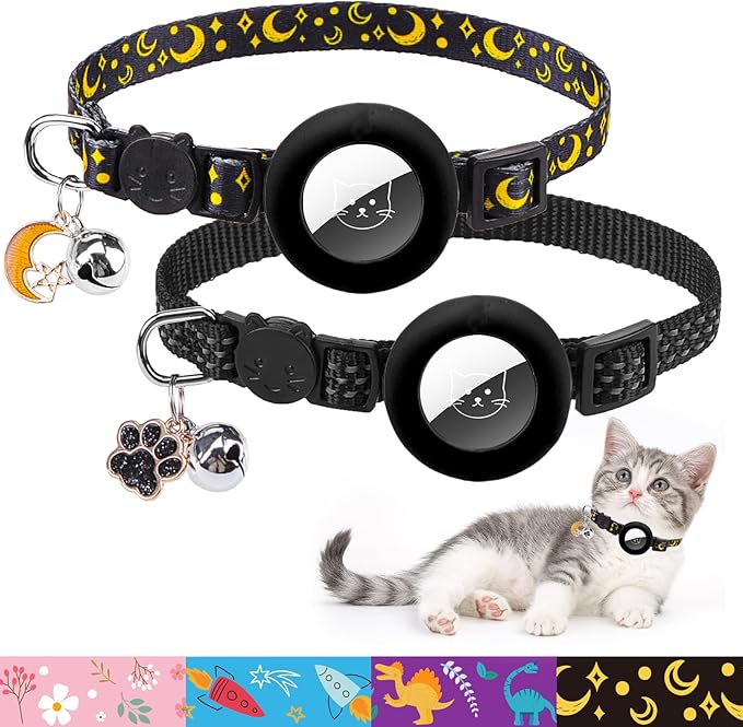 PUPTECK Airtag Cat Collar Breakaway 2 Pack with Bells, Reflective Kitten Collar with Air Tag Holder for Boy Girl Kitty and Puppies, Soft, Black