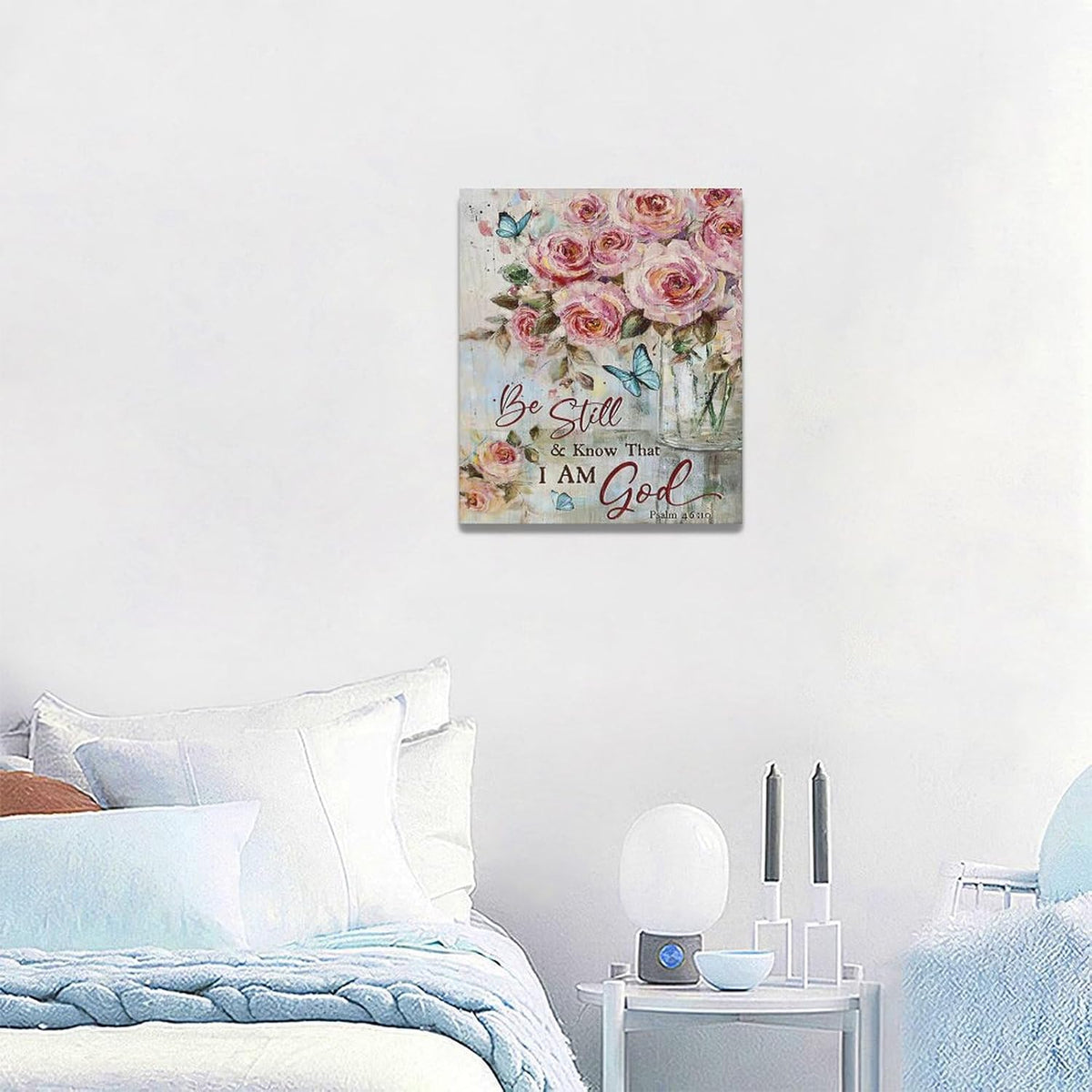 Farmhouse Rose Wall Art Christian Scripture Pictures Pink Rose Wall Decor Rustic Floral Butterfly Canvas Print Painting Artwork for Bathroom Living Room Bedroom 20"x24"