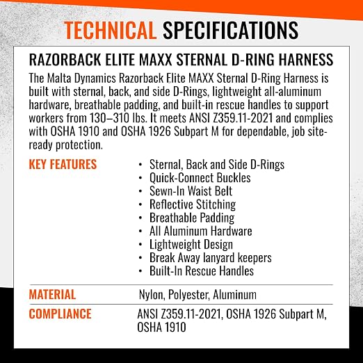 Razorback Elite MAXX - Safety Harness and Fall Protection Kit with Sewn in Lumbar Support Belt and Built-in Rescue Handles for Fall Arrest, OSHA & ANSI Compliant (3XLarge)