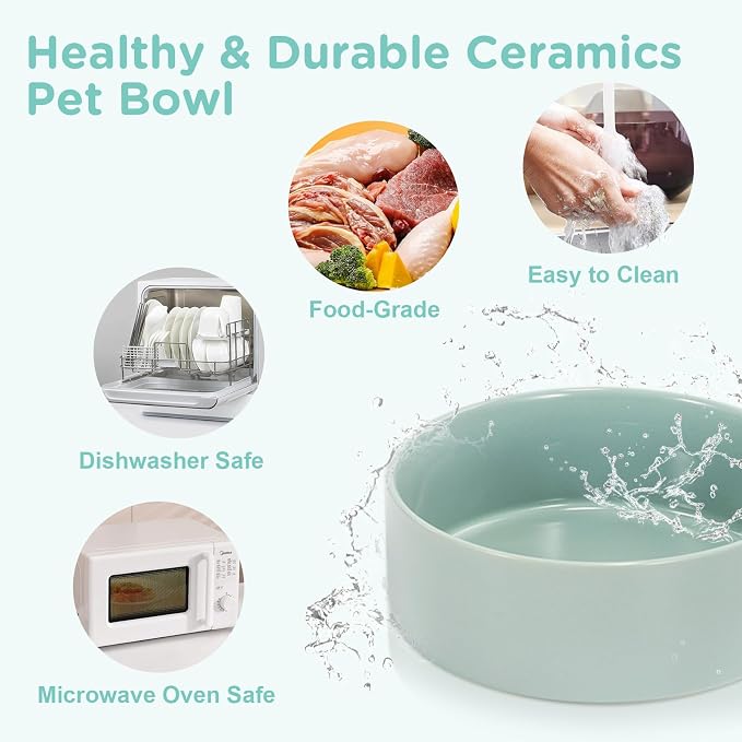SPUNKYJUNKY Elevated Dog Bowls Ceramic, 8.3'' Dogs Food Water Bowls Raised with Non-Slip Bamboo Stand for Large Sized Breed Microwave Dishwasher Safe - 60 OZ,Light Green