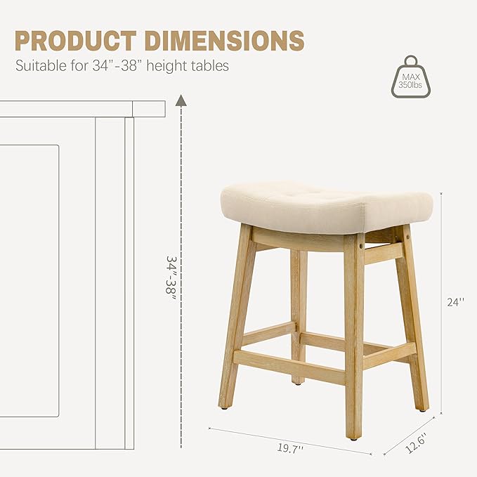 Counter Height Bar Stools Set of 4 for Kitchen Counter, Backless Farmhouse Island Short Barstools No Back with Padded Fabric Saddle Seat & Solid Wood Legs Modern 24 inch Counter Top Bar Chairs, Khaki
