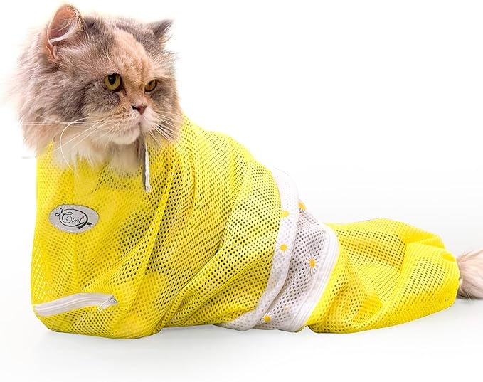 Cinf Cat Bathing Bag, Breathable Mesh Anti Scratch Adjustable Cat Grooming Bag for Nail Trimming, Bathing Soft Cat Washing Bag(Yellow) L