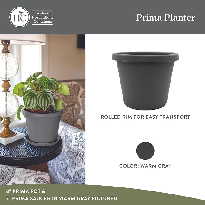 The HC Companies Prima Round Plastic Plant Pot w/Rolled Rim - Lightweight & UV Resistant Flower Pot for Herbs & More - Outdoor & Indoor Plant Pots w/Drainage (16 inch, Warm Gray, Pack of 1)