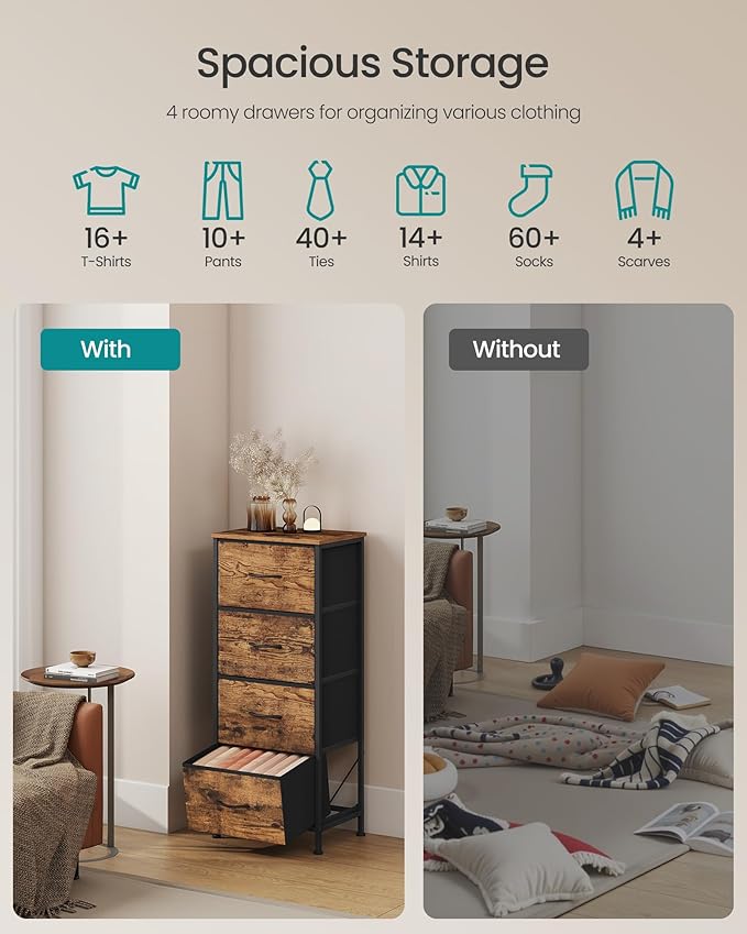 SONGMICS Dresser for Bedroom, Chest of Drawers, 4 Non-Woven Fabric Drawers