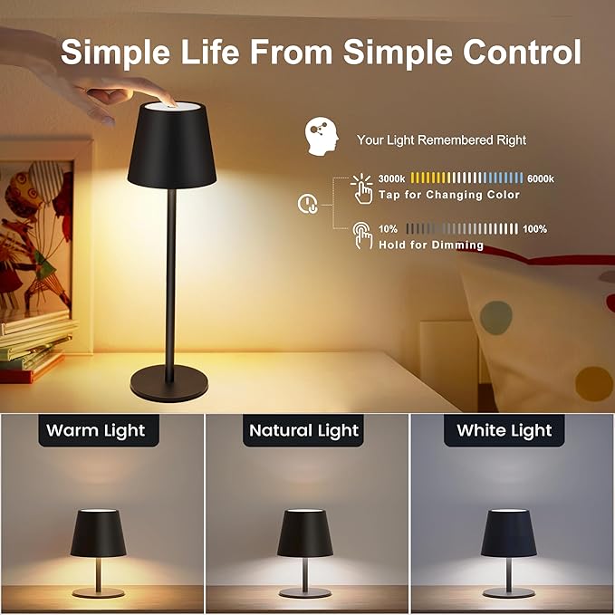 2-Pack Cordless Metal Table Lamp, 3 Adjustable Heights, 5400mAh Rechargeable Battery, 3 Colors Touch Dimming, Waterproof Portable Wireless Desk Lamp for Restaurant, Bedroom, Outdoor Patio
