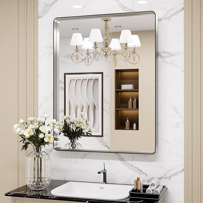 LOAAO 24X32 Inch Brushed Nickel Bathroom Mirror, Rounded Rectangle Silver Metal