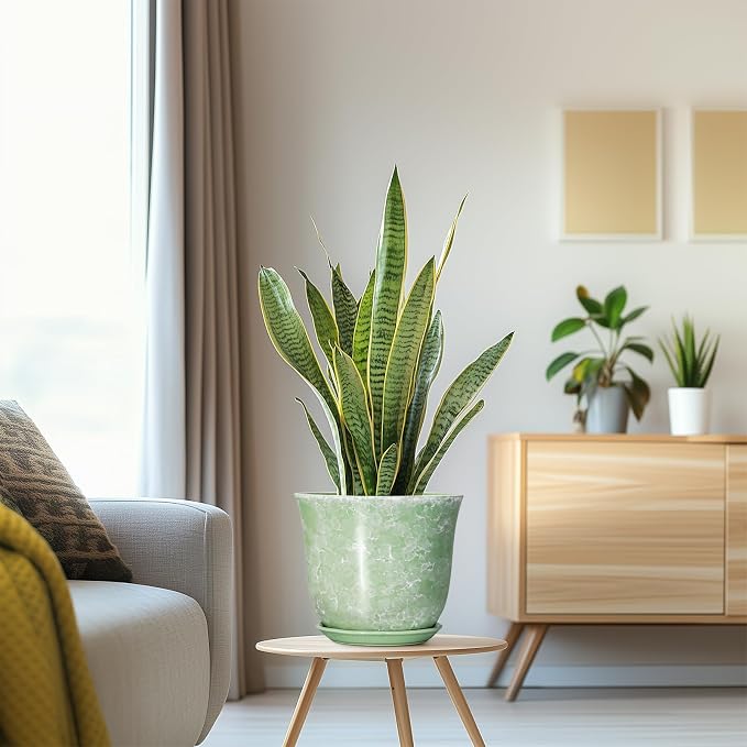 Ceramic Planter - 8 Inch Plant Pot for Indoor Outdoor, Round Flower Pots with Drainage Hole and Saucer, Modern Decorative Planters, Home Office Desk Decor, Gifts for Plant Lovers, Green