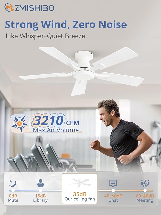 ZMISHIBO 42 Inch Ceiling Fan No Light, Flush Mount Low Profile, Modern White