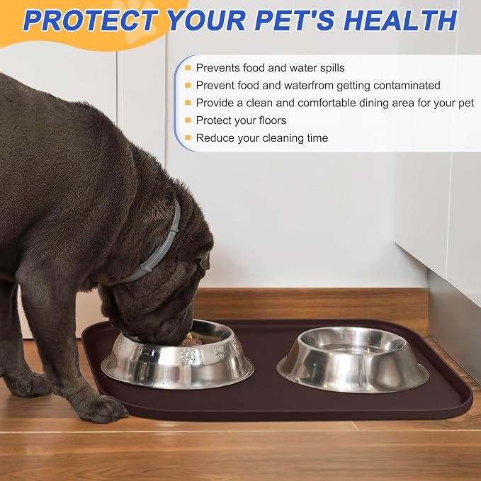 SMILOOL Waterproof Silicone Pet Food Mat with Raised Edge for Dog & Cat | 19" x 12" Non-Slip Pet Feeding Mats with Lip for Food & Water Bowl, Food Grade, Easy Cleaning, Dark Brown