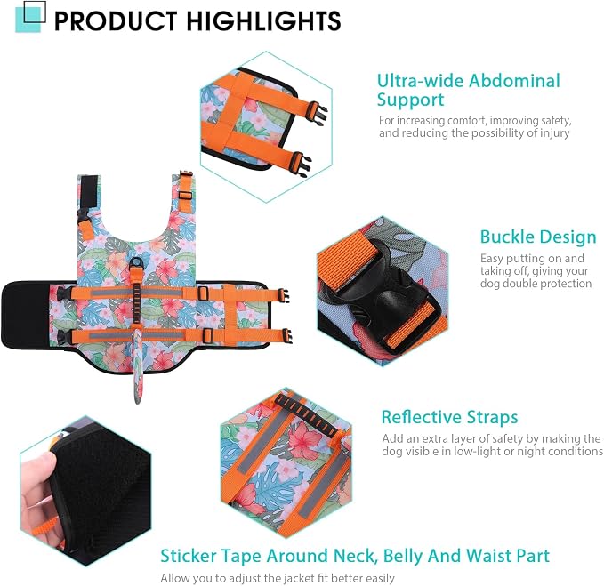 Dog Life Jacket High Flotation, Reflective Dog Life Vest for Swimming, Adjustable Dogs Life Preserver Rescue Handle Spring Summer Pool for Small, Medium, Large Dogs (HawaiiOrange,S)