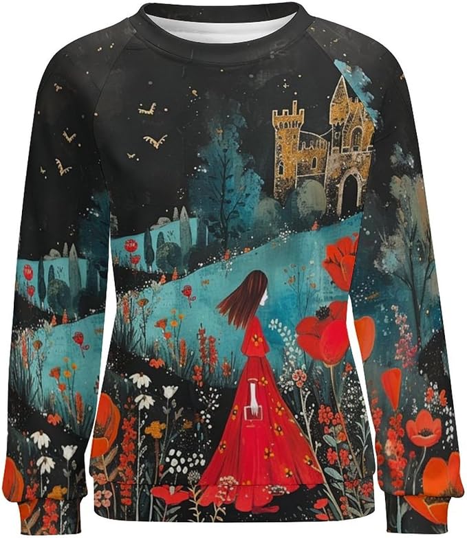 Long Sleeve Shirts for Women Cat Oil Painting Shirt 3D Graphic Sweatshirts Fall Pullover Crewneck Vintage Boho Tops