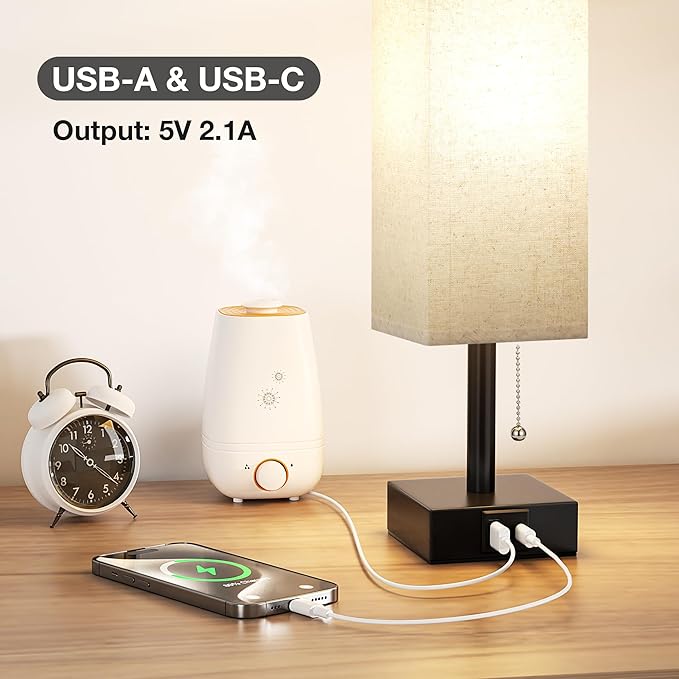Small Linen Bedroom Lamp - 3 Color Temperature 3000K 5000K 4000K Bedside Lamp, Pull Chain Control, USB A and C Charging Ports, Black Base, for Kids Office Dorm, Bulb Included