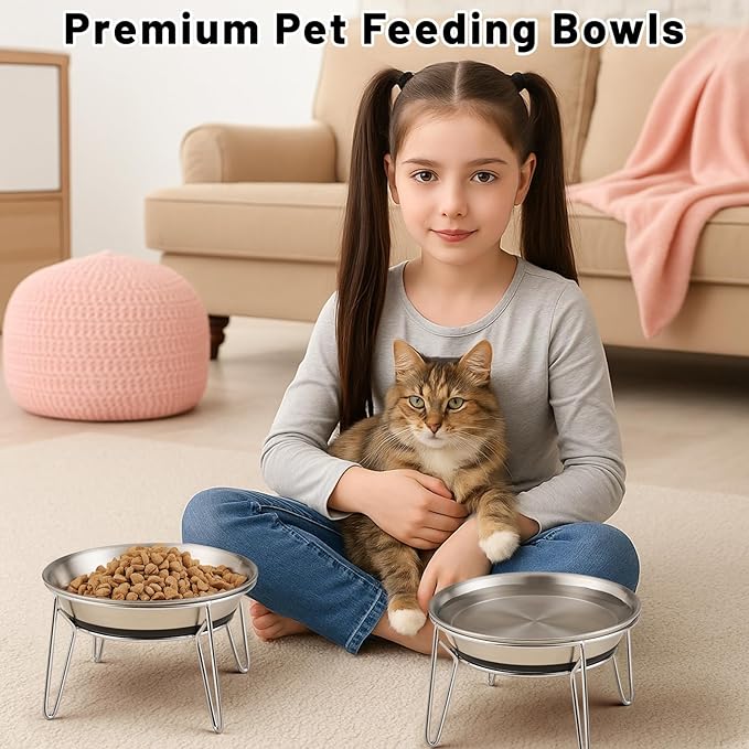 Cat Food Bowls, 2 Pcs Stainless Steel Cats Food and Water Whisker Fatigue Shallow Dishes, Small Dog Puppies Fat Faced Cat Kitten Supplies (2 Non-Slip Bowls with Stand)