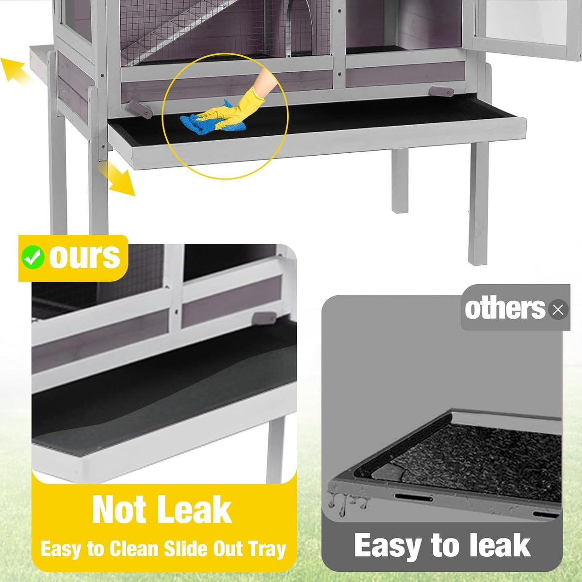 Aivituvin 2-Story Rabbit Hutch with Anti-Chew Ramp & Zinc Sheet - 36.6" Indoor Guinea Pig Cage, Wooden Stand, Pull-Out Tray & Leakproof Floor (Grey)