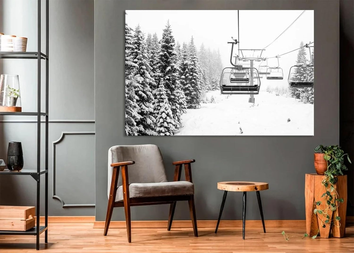 Nature Wall Art Prints - Ocean Forest Mountain Lake Canvas Landscapes - Small to Extra Large Living Room Bedroom Kitchen Bathroom Décor (Ski Lift on Snowy Mountain, 35L" x 53W")