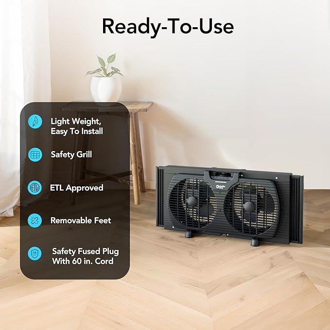 Comfort Zone Window Fan for Bedroom, 9 inch 3 Speed Dual Fans