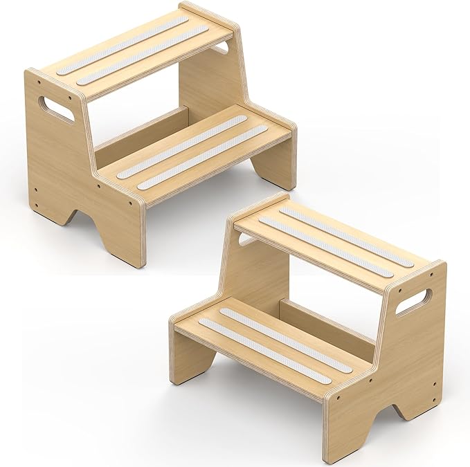Uiirvdy Step Stool for Toddler, Sturdy Wooden 2-Step Stool with Anti-Slip Surface and Pads for Barthroom, Kitchen, Bedroom, Toilet, and Potty Training - 2 Pack