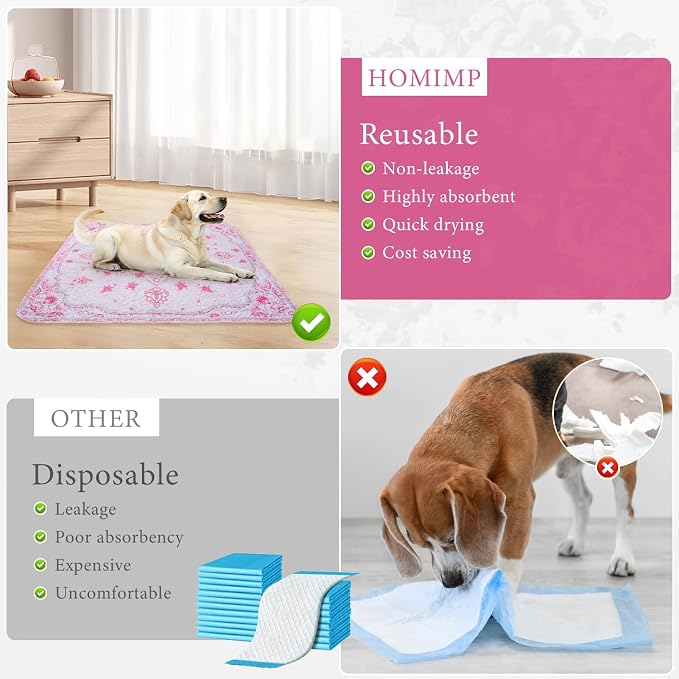 Homimp Washable Pee Pads for Dogs, 2 Pack Reusable Puppy Pads Waterproof, Absorbent and Leakproof Dog Pee Pads, Non Slip Puppy Training Pads, Pet Mat for Floor,Crate,Couch,Whelping,Pink, 36"x36"