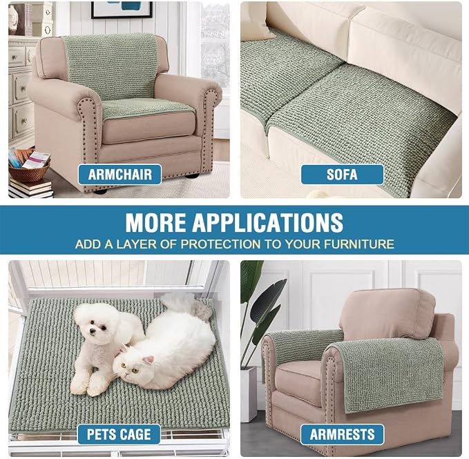 H.VERSAILTEX Plush Chenille Couch Armrest Cover 2 Packs Thick and Soft Sofa Covers Furniture Protector Cover for Pets (27.5" x 27.5", Sea Foam)