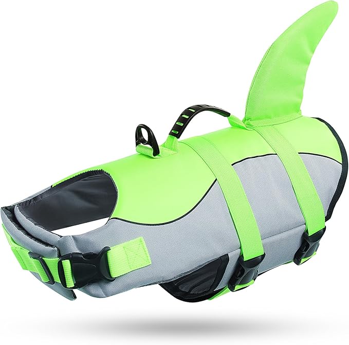 Dog Life Jacket Ripstop Shark Dog Safety Vest Adjustable Preserver with High Buoyancy and Durable Rescue Handle for Small,Medium,Large Dogs, Green Shark X-Large