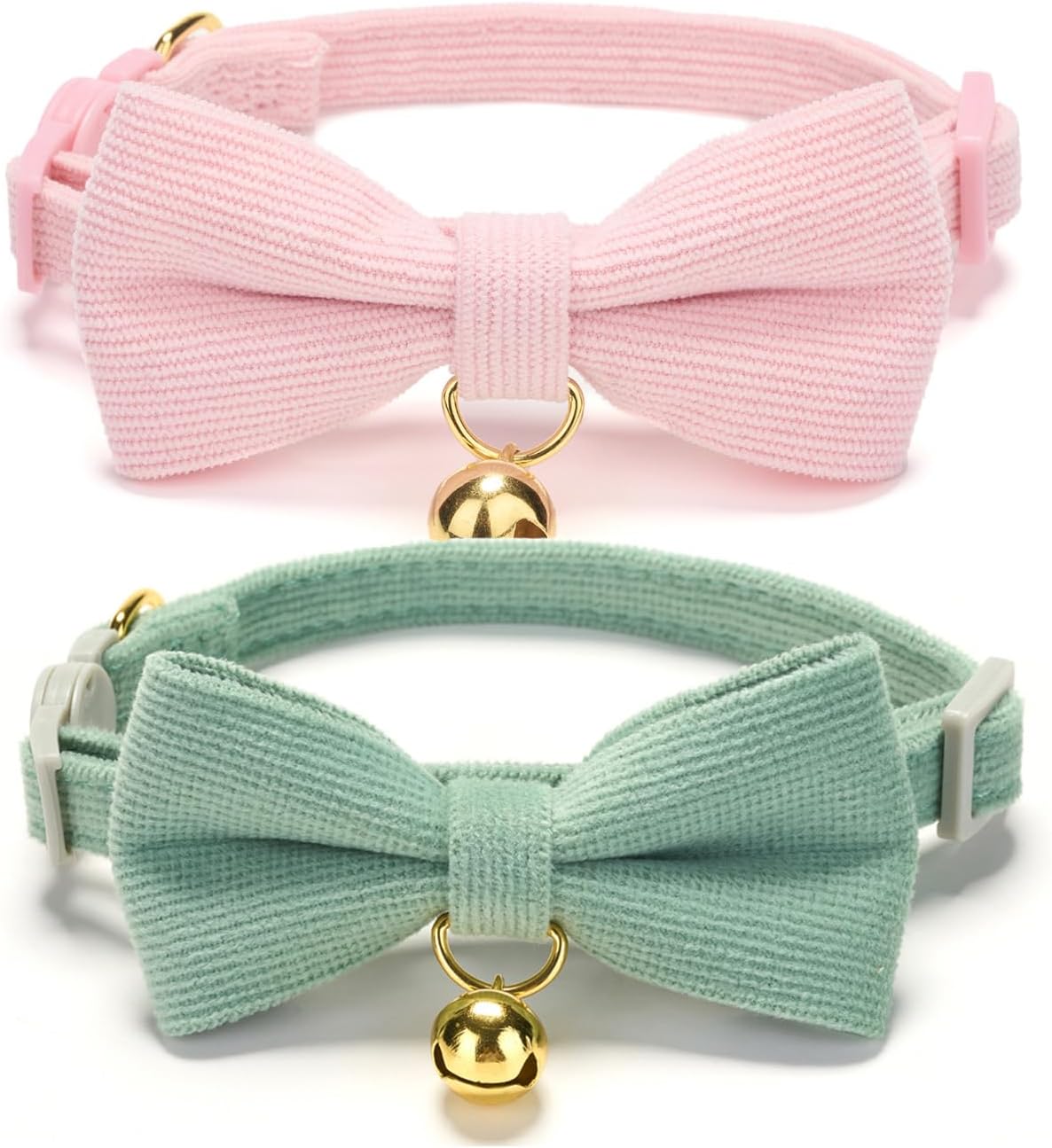 2 Pack Soft Corduroy Cat Collars with Bow Tie & Bell, Adjustable Breakaway Cotton Kitty Bowtie Collar for Female Male Cats(Grass Green & Pink)