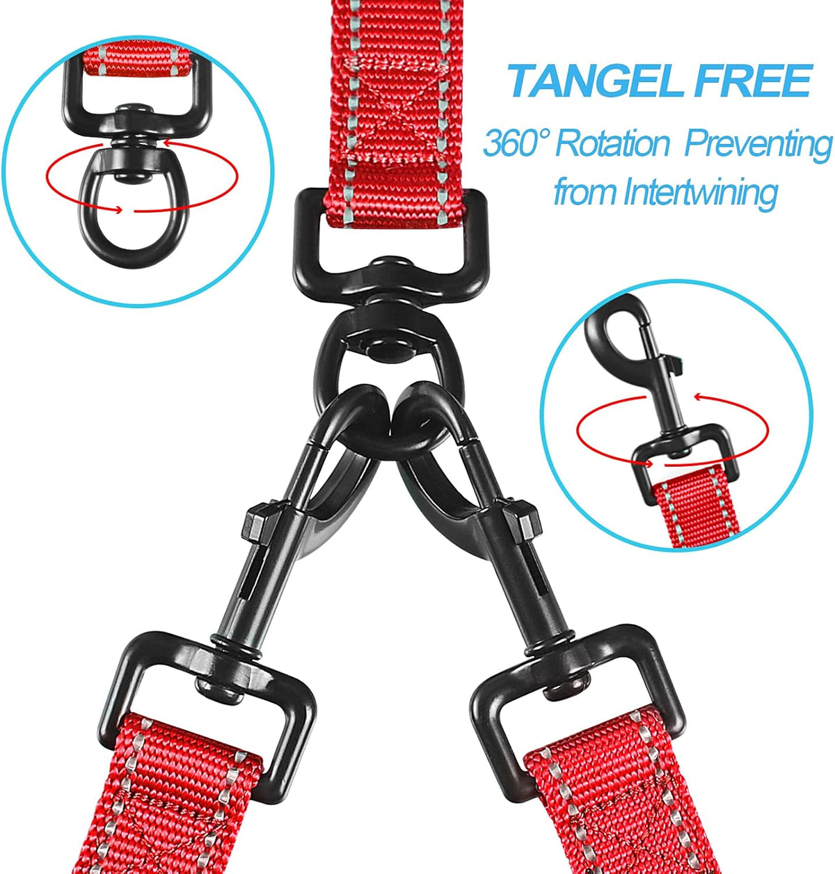 PetBonus Double Dog Leash, No Tangle Dual Leash, Reflective Walking Training Lead, 4 Comfortable Padded Handles for 2 Dogs with Collapsible Bowl and Waste Bags (Red, Large)