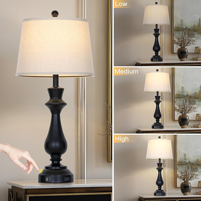 Modern Black Table Lamp for Living Room,30" Tall Bedside Lamp with USB Charging Port,3-Way Dimmable Touch Nightstand Lamp for Bedroom Desk Side Table Office,Black-1P