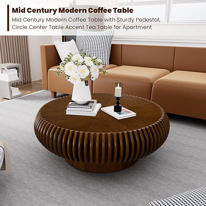 Round Drum Coffee Table for Living Room, Mid Century Modern Coffee Table with Sturdy Pedestal, Farmhouse Fluted Circle Center Table Accent Tea Table for Apartment (31.5" Walnut)