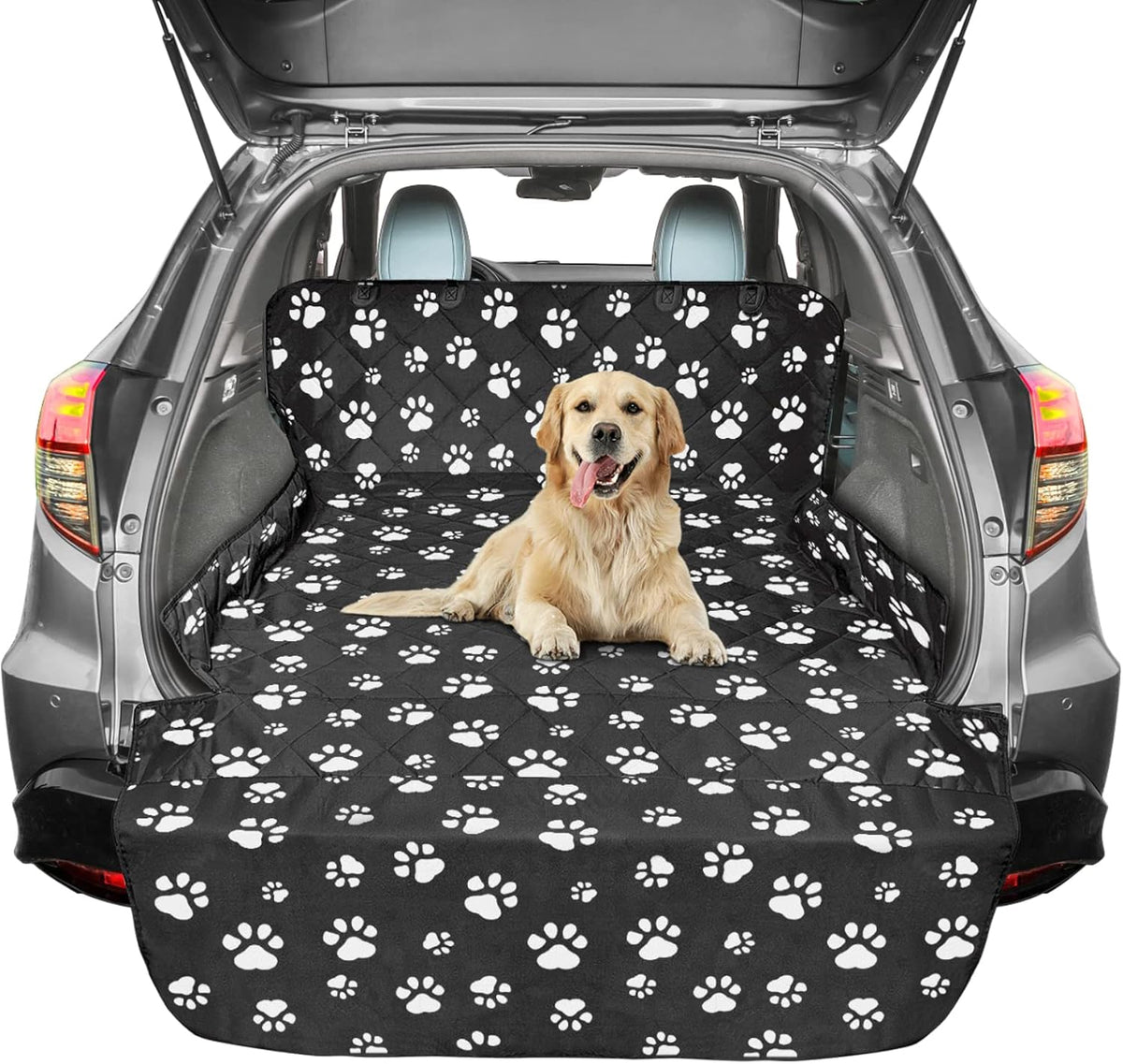 F-color SUV Cargo Liner for Dogs, Water Resistant Pet Cargo Cover Dog Seat Cover Mat for SUVs Sedans Vans with Bumper Flap Protector, Non-Slip, Large Size Universal Fit, Paw Print
